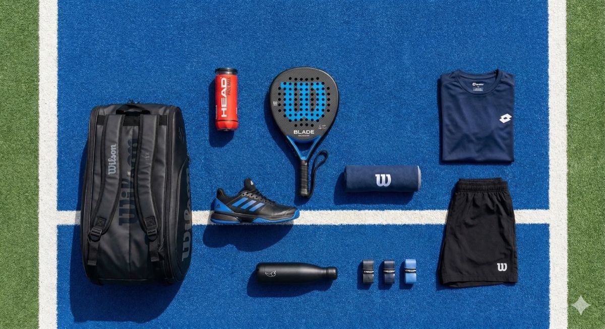 Flat lay of padel gear on a blue court: bag, racket, ball tube, shoes and overgrips