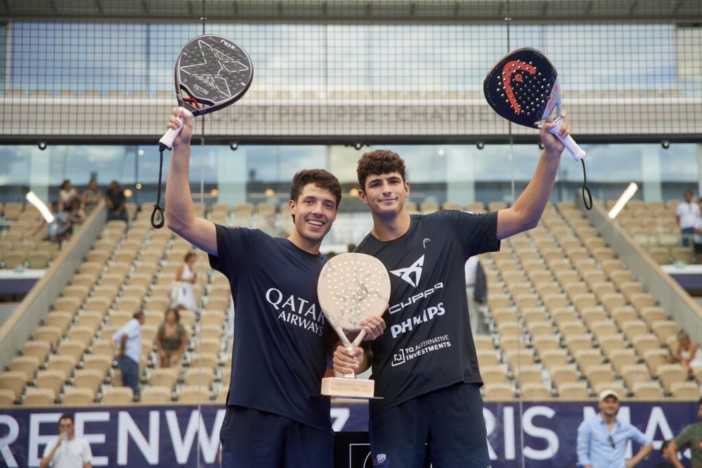 Agustin Tapia and Arturo Coello celebrating with a trophy at Roland-Garros